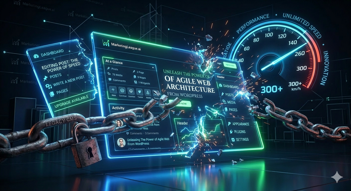 A digital interface breaking free from chains, symbolizing a transition from slow legacy systems to high-performance modern web architecture.
