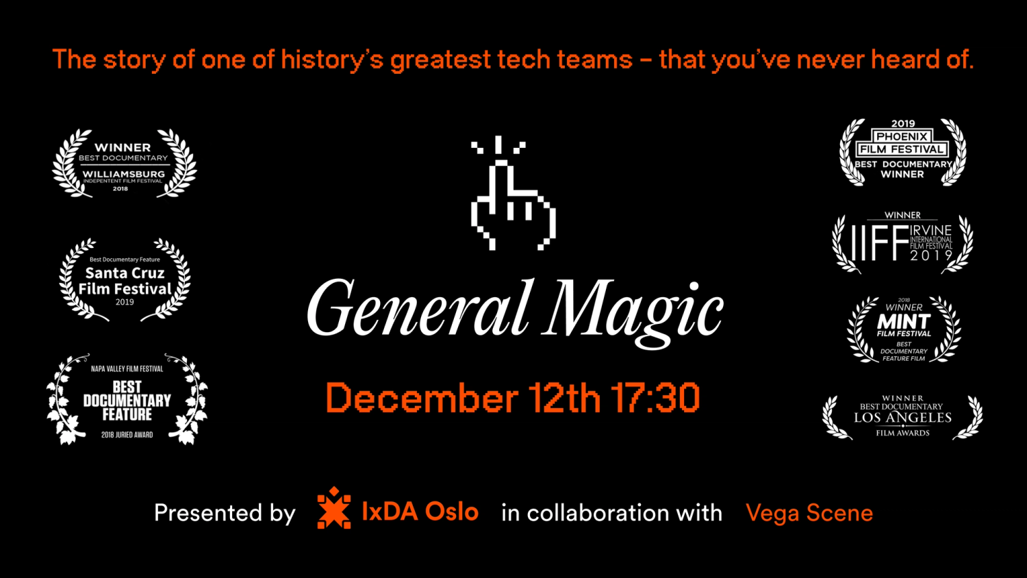 Banner for event, with retro illustration of pixelated hand over the text "General Magic"