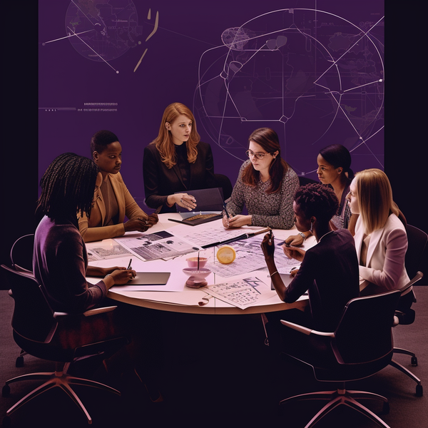 A Midjourney-generated image with the prompt: "an all-female team of product managers of different ethnicities and ages working on a survey around an Eames table in a conference room, in the style of Monocle magazine, dark purple background around the edges"