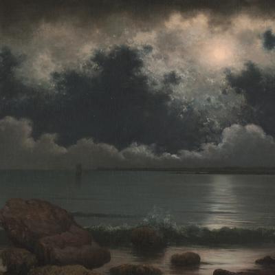Seascape with moon, ship, and clouds