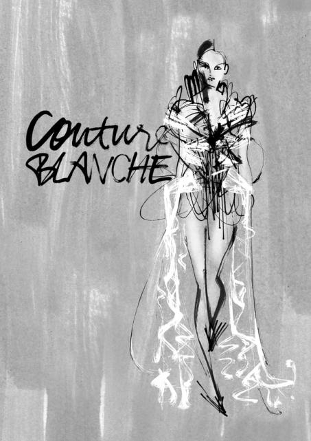 Svartvit modeillustration i tusch av en figur i ett luftigt plagg, med texten "Couture Blanche" i handskrift.