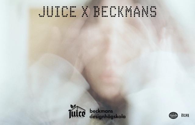 Suddig, ljus bild av en person med texten "Juice x Beckmans" och logotyper för Juice Studios, Beckmans, Rönnells och Riche.