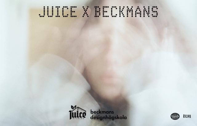 Suddig, ljus bild av en person med texten "Juice x Beckmans" och logotyper för Juice Studios, Beckmans, Rönnells och Riche.