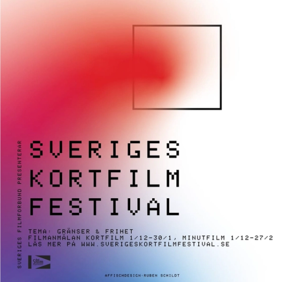 Affisch för Sveriges Kortfilmfestival med pixeltypsnitt mot en röd och blå tonad bakgrund, tema: Gränser & frihet.