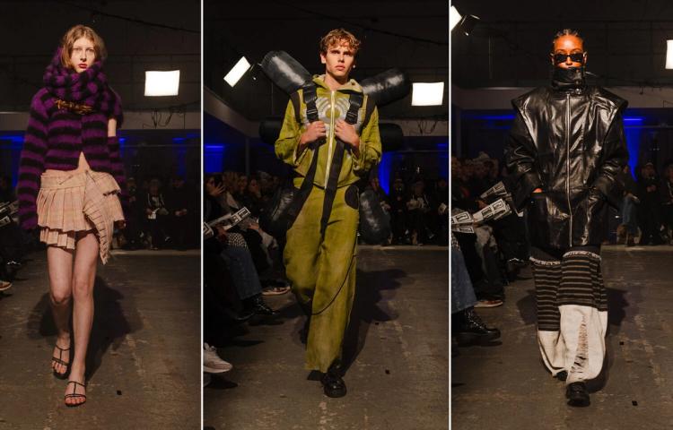 Tre modeller på catwalk: en i lila randig tröja och rosa volangkjol, en i olivgrön overall med sele, en i svart skinnkappa.