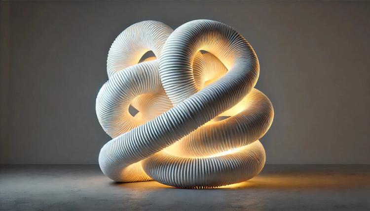 Skulptur av vita, räfflade rör som slingrar sig i en knut och lyser inifrån, mot grå bakgrund.