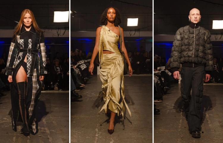 Tre modeller på catwalk: en i beige jacka och nätkjol, en i ljusgul draperad klänning, en i svartvit topp och kjol.