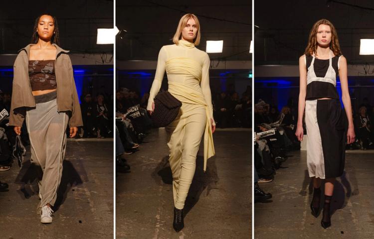 Tre modeller på catwalk: en i beige jacka och nätkjol, en i ljusgul draperad klänning, en i svartvit topp och kjol.