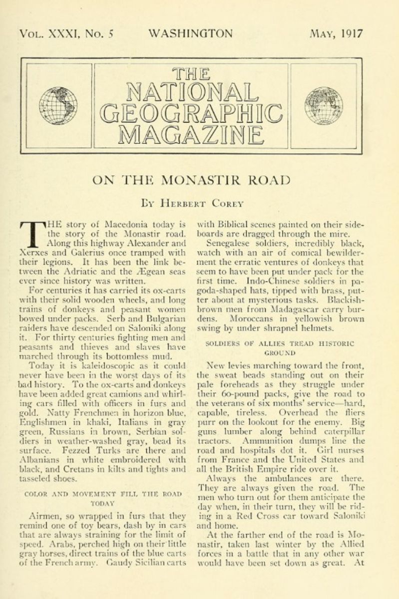 Cover of "On the Monastir Road", The National Geographic Magazine, Vol. XXXI, No. 5