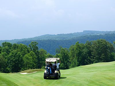 Golf cart on golf course facing forest hills