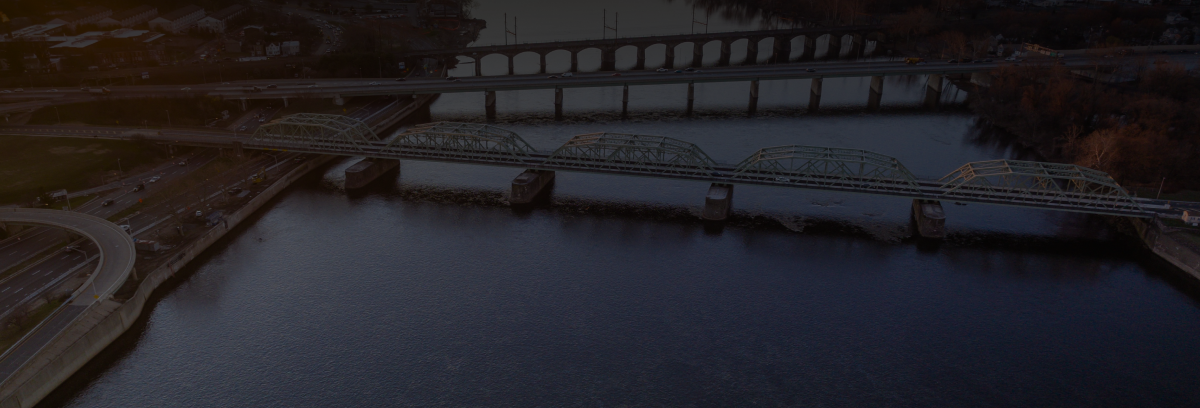Aerial view of a highway bridge crossing water in New Jersey