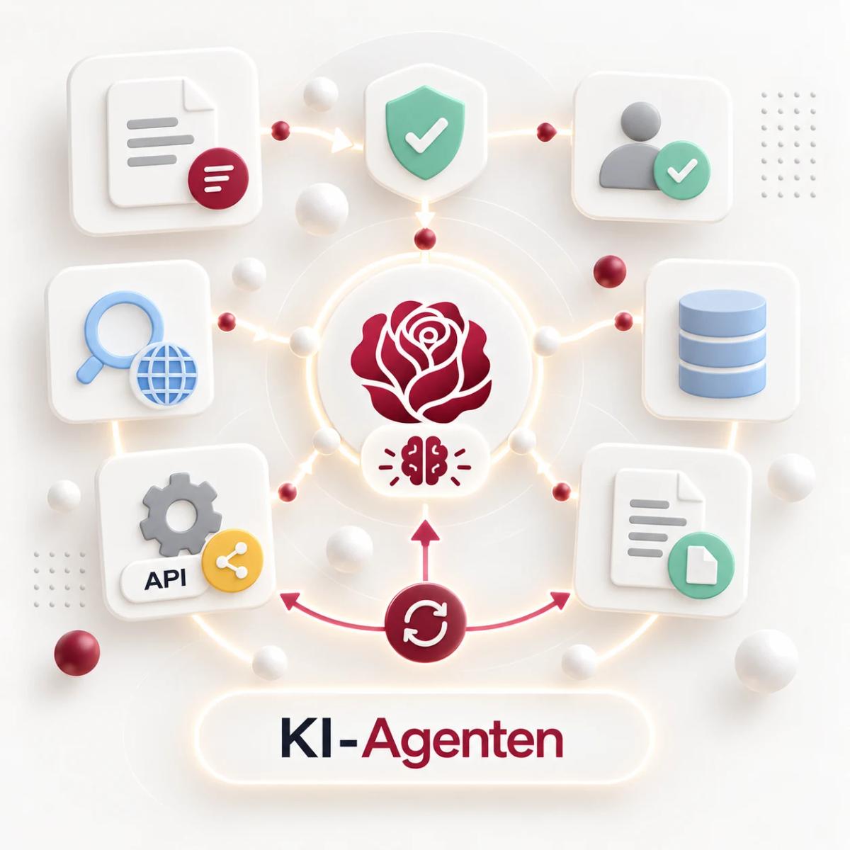 KI-Agent mit Suche, Datenbank und API-Werkzeugen sowie Rückkopplung und menschlicher Freigabe als 3D-Illustration.