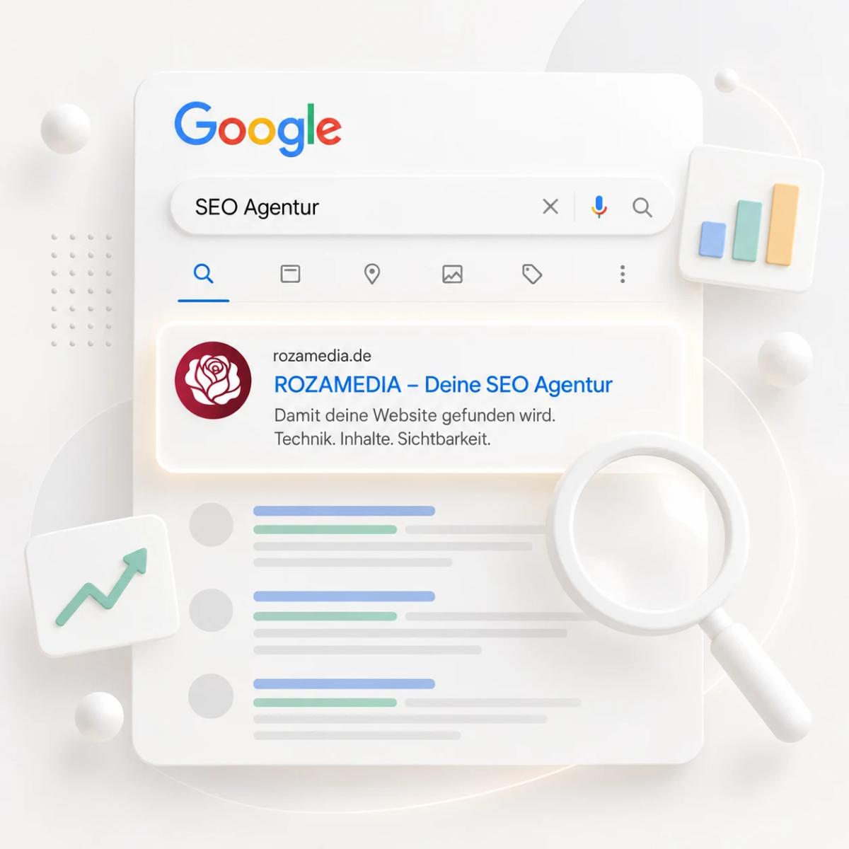Google-Suche nach SEO Agentur mit ROZAMEDIA-Suchergebnis, Lupe und Diagramm als 3D-Illustration.