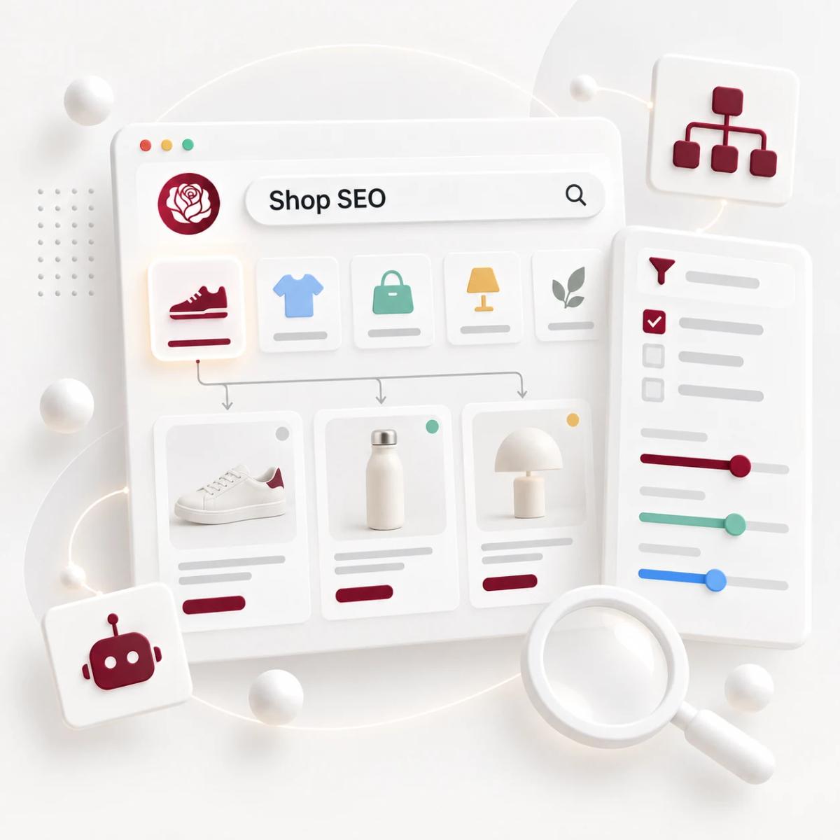 Verknüpfte Kategorien und Produktkarten mit Suche und Filtern als 3D-Illustration für Shop SEO.