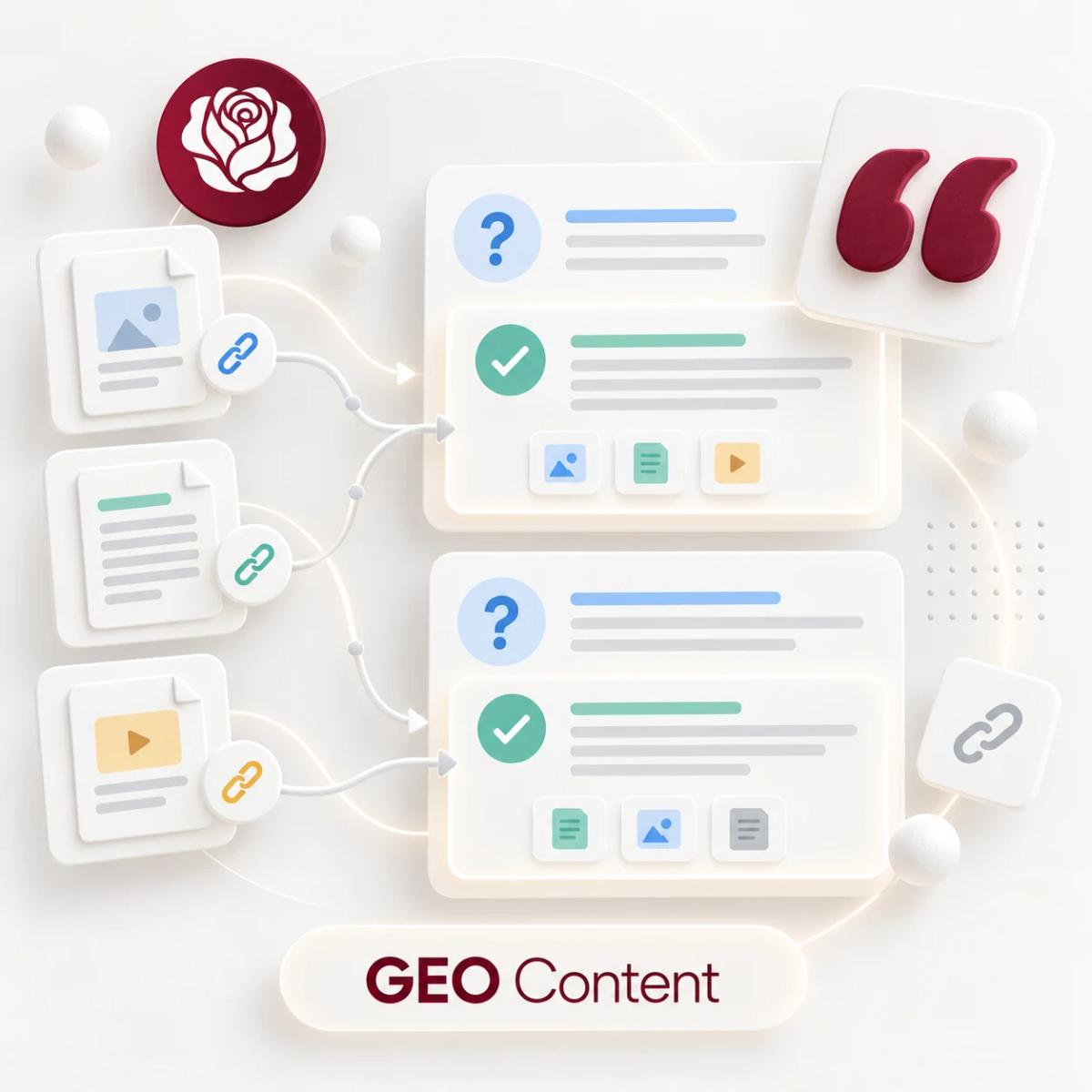 Strukturierte Frage-Antwort-Karten mit Zitaten und verknüpften Text-, Bild- und Videoquellen für GEO Content.