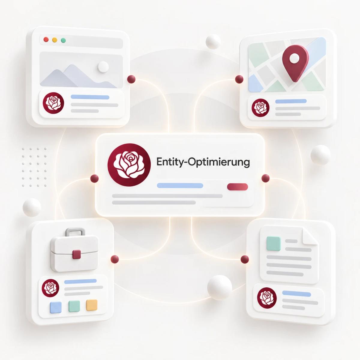 Einheitliches Markenprofil, verbunden mit Website, Standort, Leistungen und Dokumenten für Entity-Optimierung.