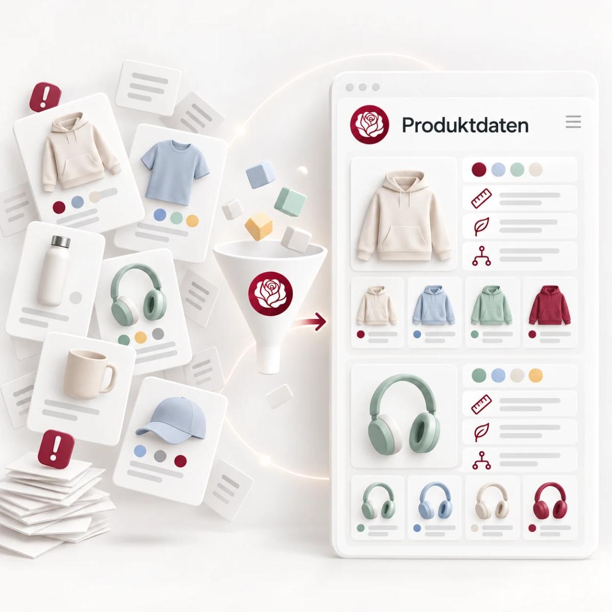 Ungeordnete Produktdaten werden zu einem strukturierten Katalog mit Merkmalen und Varianten als 3D-Illustration.