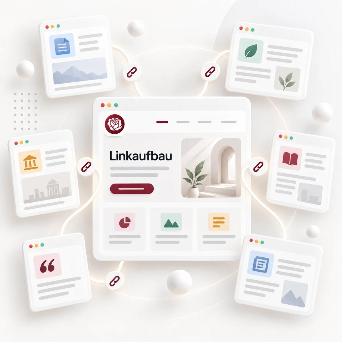 Thematische Webseiten verweisen über redaktionelle Links auf eine zentrale Website als 3D-Illustration für Linkaufbau.