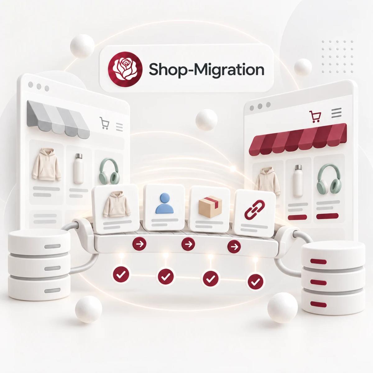 Übertragung von Produkt-, Kunden-, Bestell- und URL-Daten zwischen zwei Shops als 3D-Illustration.