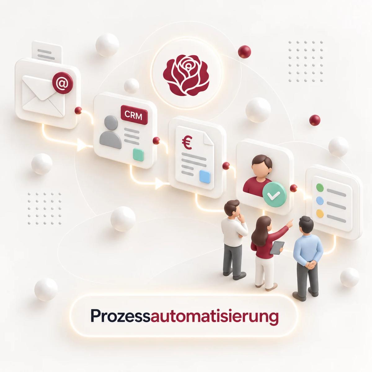 Verbundener Prozess von E-Mail über CRM und Rechnung bis zur menschlichen Freigabe und Statuskontrolle.