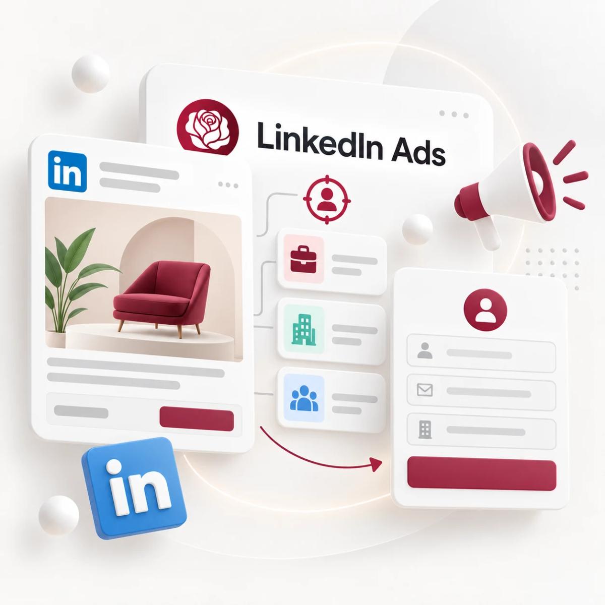 LinkedIn-Anzeige mit B2B-Zielgruppen nach Rolle und Unternehmen sowie Leadformular als 3D-Illustration.