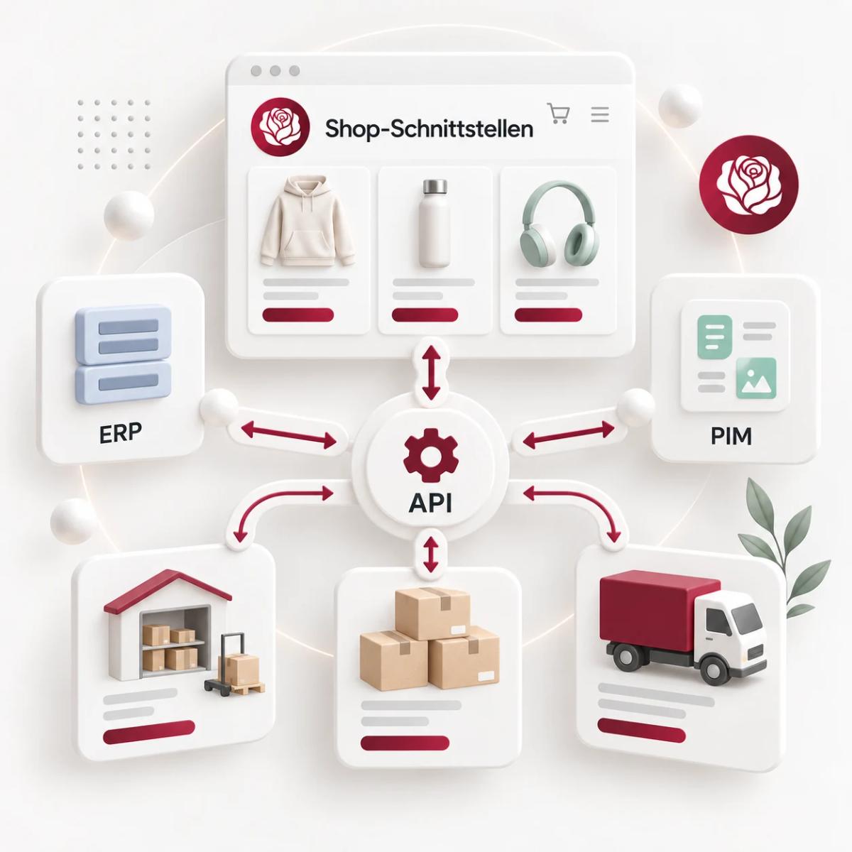 Onlineshop mit API-Verbindungen zu ERP, PIM, Lager und Versand als 3D-Illustration.