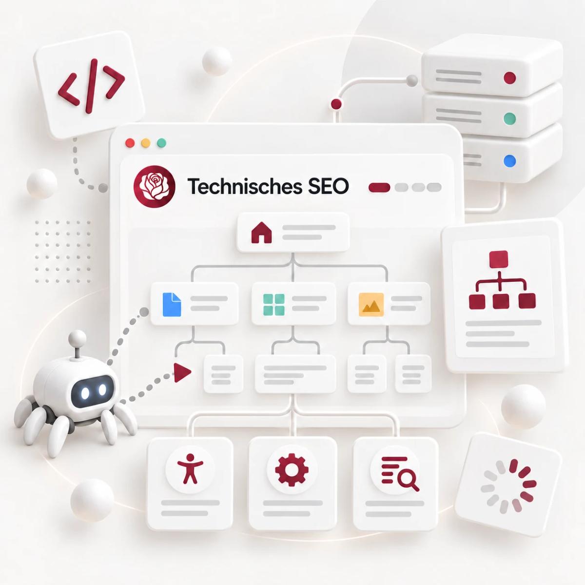 Crawler folgt einer Website-Hierarchie zwischen Server, Code und Seiteninhalten als Illustration für technisches SEO.