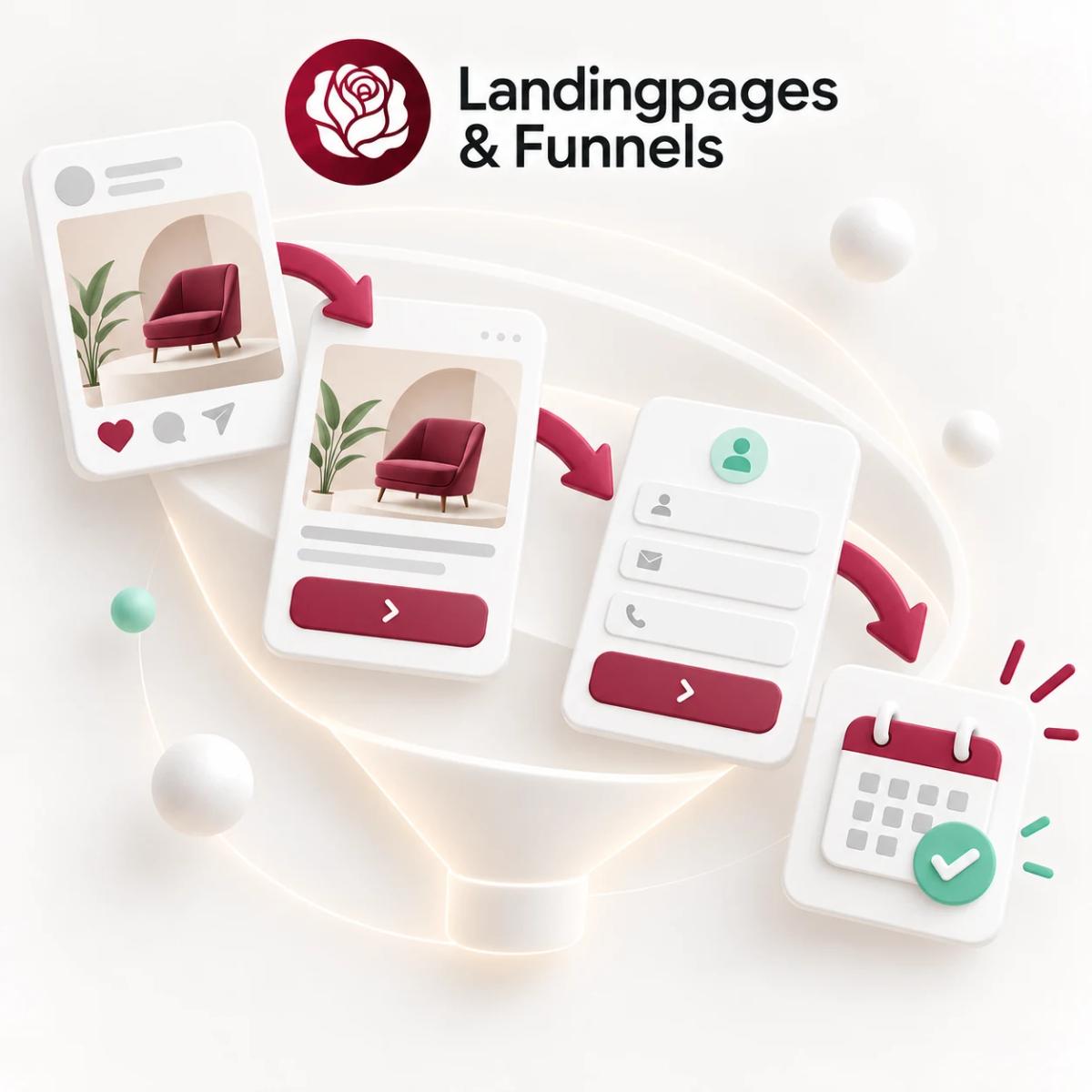 Weg von der Anzeige über eine Landingpage und ein Kontaktformular zur Terminbuchung als 3D-Illustration.