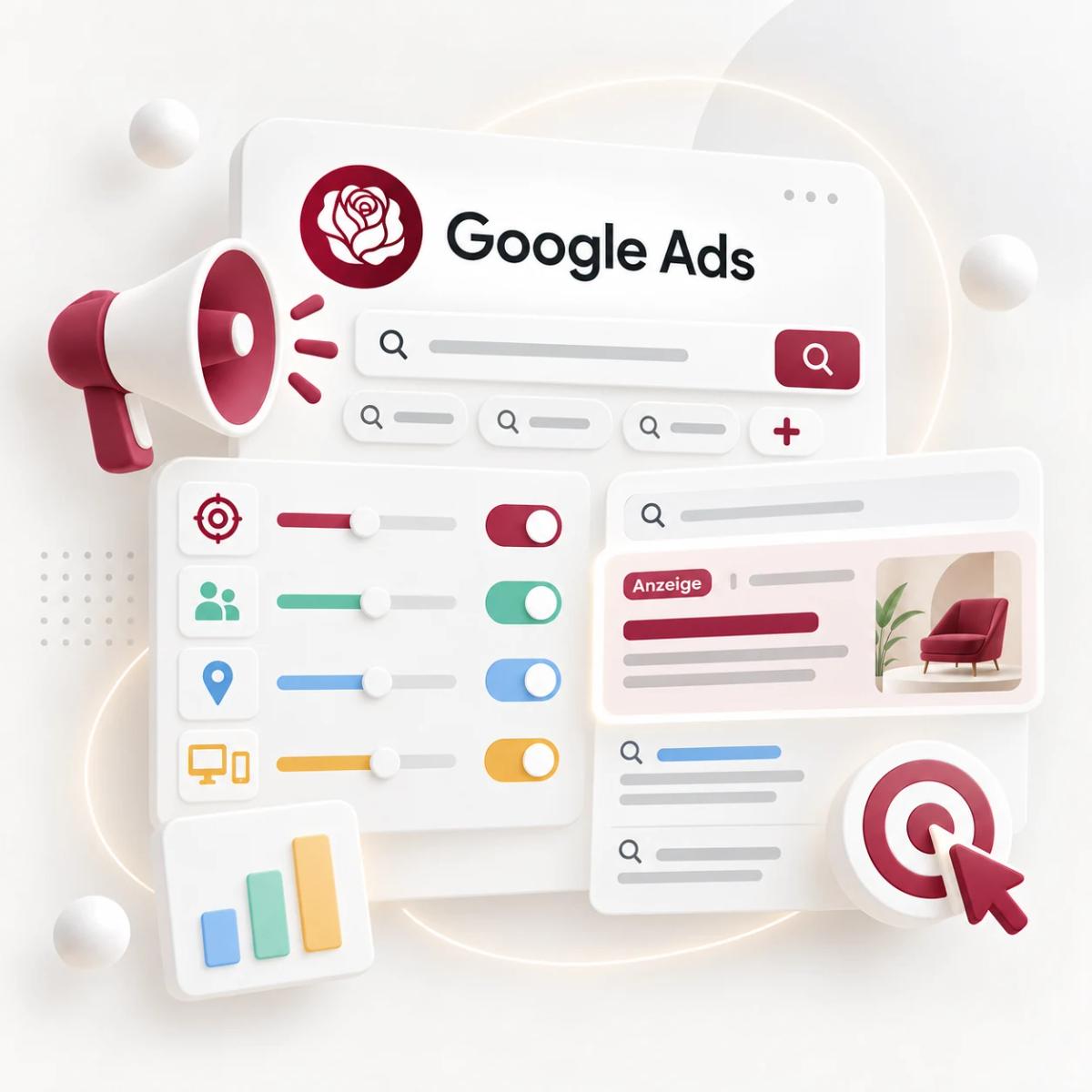 Google-Ads-Suchanzeige mit Keyword-Auswahl und Kampagneneinstellungen als 3D-Illustration.