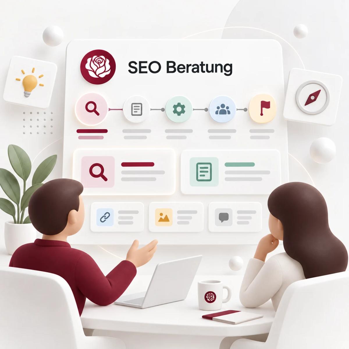 Zwei Personen besprechen eine SEO-Roadmap mit Suchanalyse, Inhalten und priorisierten Aufgaben als 3D-Illustration.