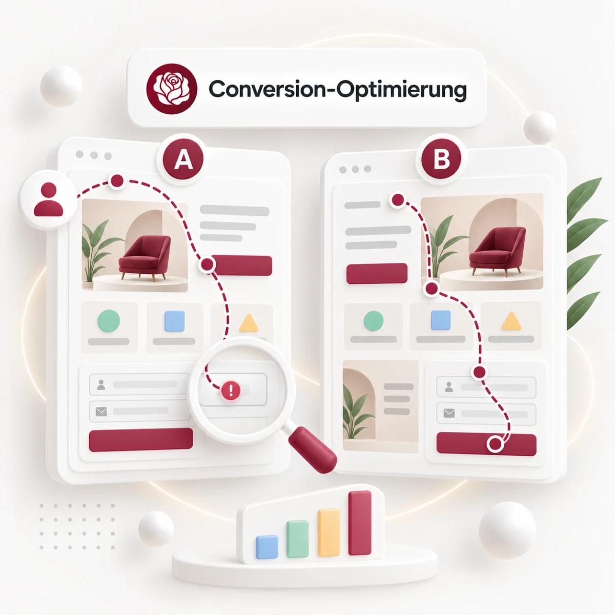 A/B-Vergleich zweier Webseiten mit markierten Nutzerwegen und einer untersuchten Formularhürde als 3D-Illustration.