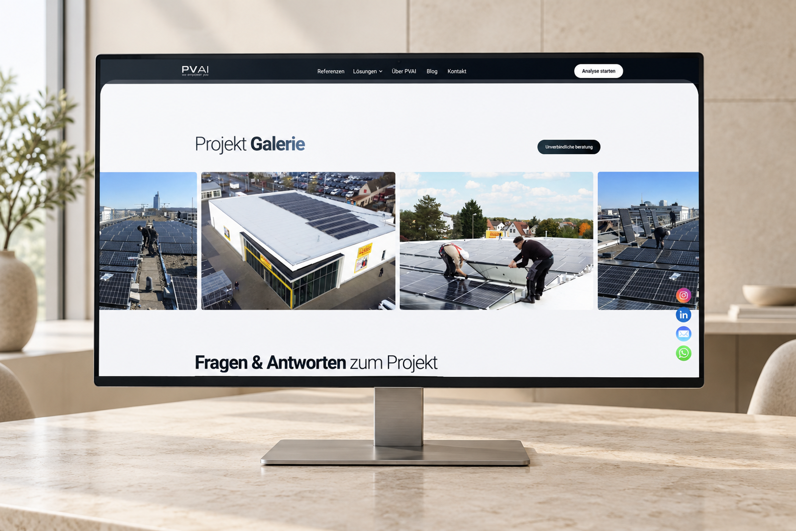 PVAI Projektgalerie mit Solardach-Fotos auf einem Desktop-Monitor