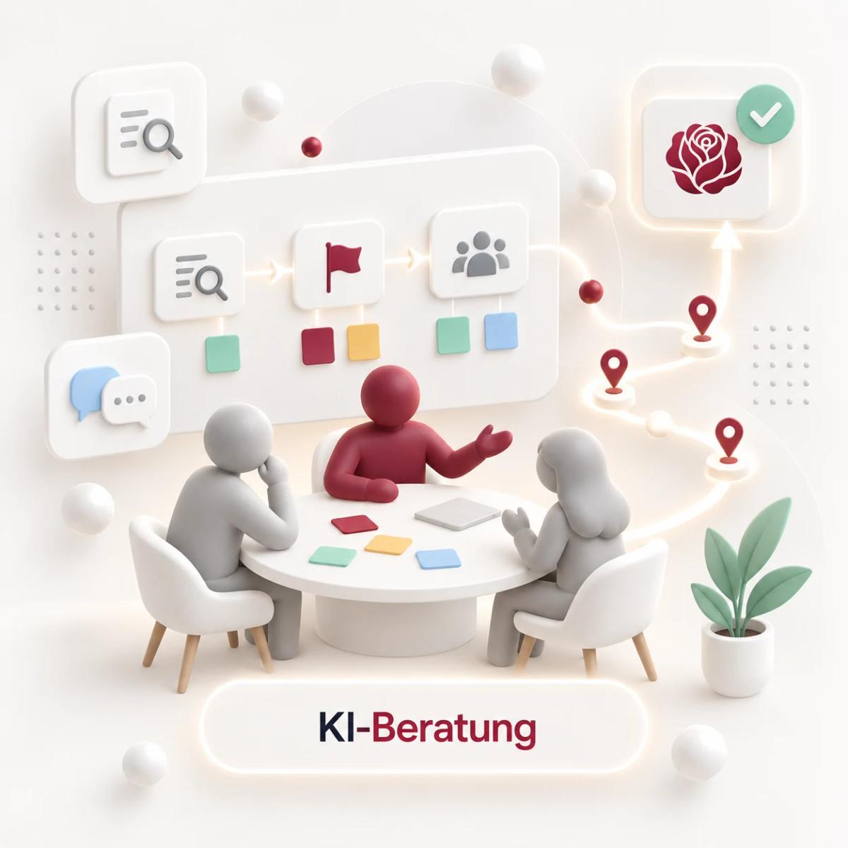 Team im KI-Workshop mit Prozessanalyse, Prioritätenkarten und einer schrittweisen Roadmap als 3D-Illustration.