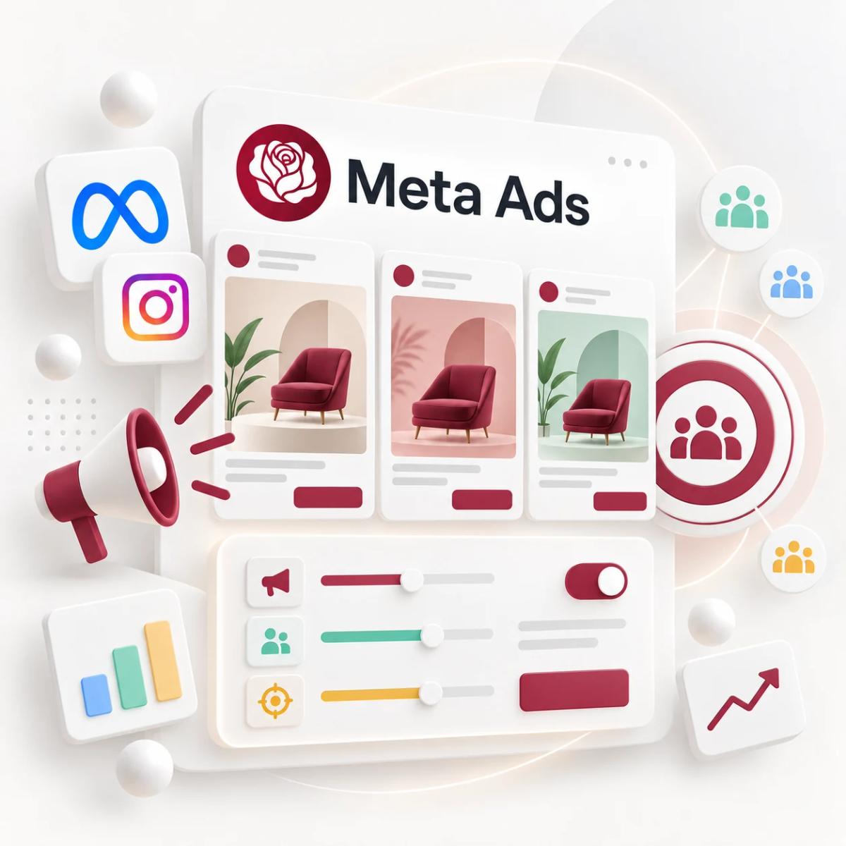 Meta-Ads-Kreativvarianten für soziale Feeds mit Zielgruppenauswahl und Kampagnenreglern als 3D-Illustration.