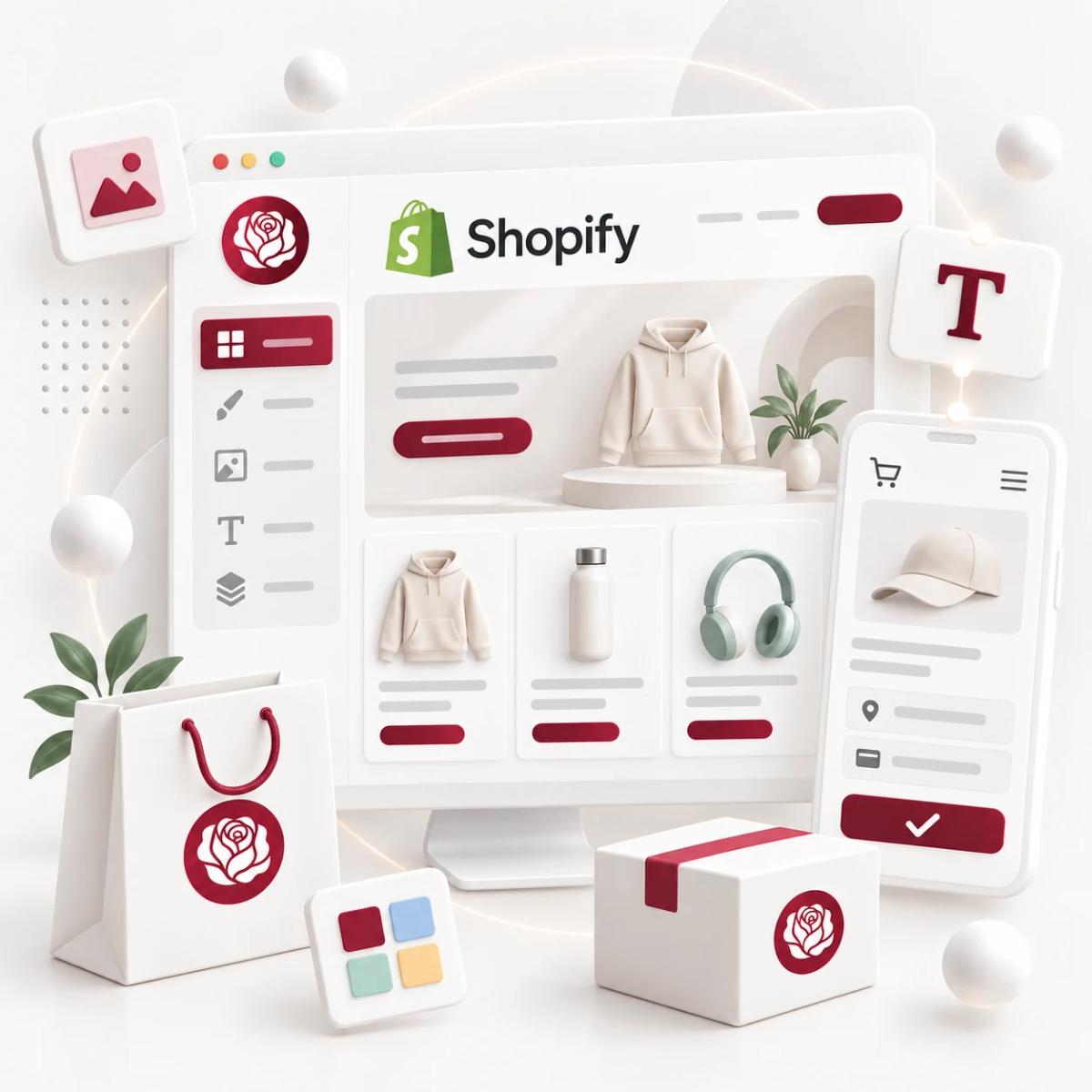 Shopify-Editor mit Produktkatalog, mobilem Checkout und Versandpaket als 3D-Illustration.