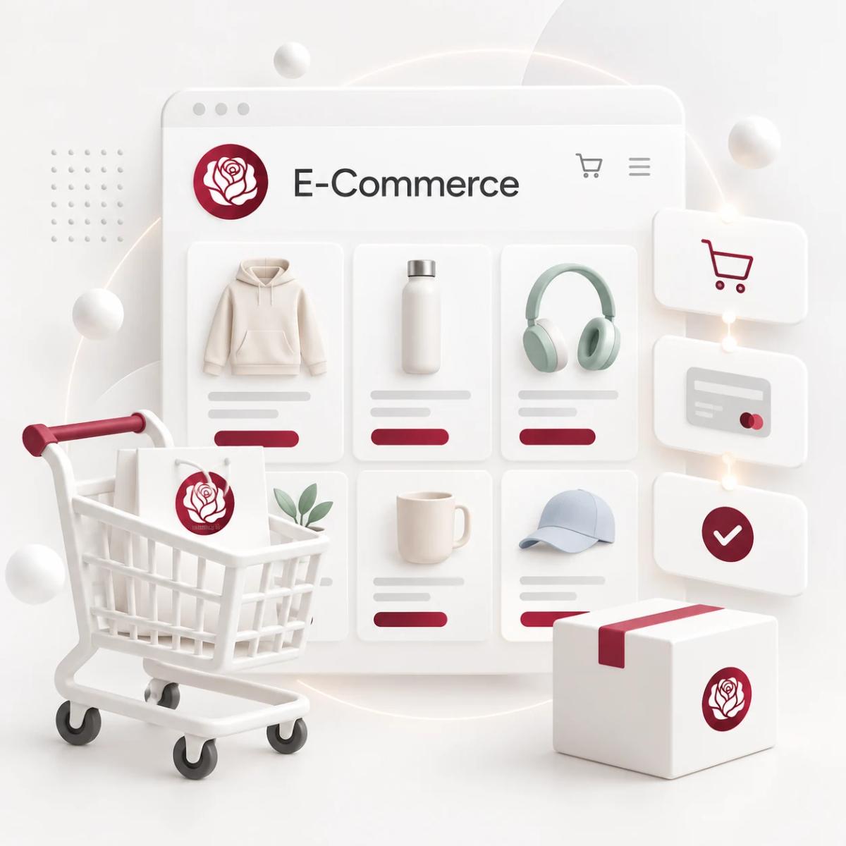 Onlineshop mit Produktkarten, Einkaufswagen, Zahlungsschritten und Versandpaket als 3D-Illustration.