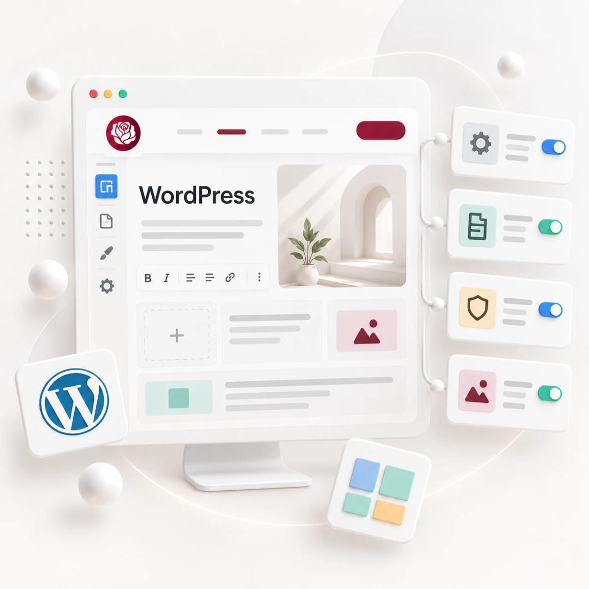 WordPress-Inhaltseditor mit Textwerkzeugen, modularen Seitenelementen und ausgewählten Plugins als 3D-Illustration.