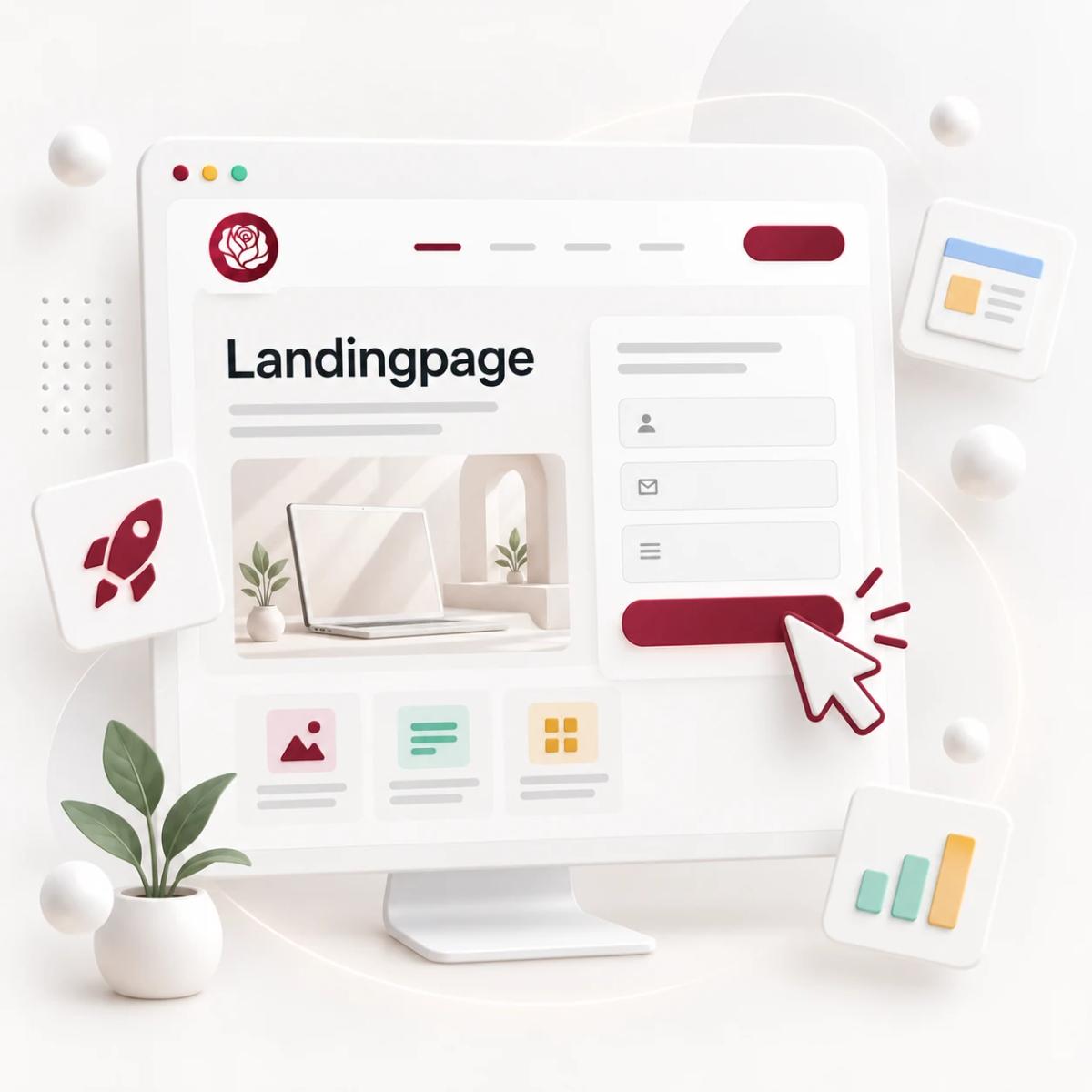 Landingpage mit einem Angebot, kompaktem Anfrageformular und hervorgehobenem Call-to-Action als 3D-Illustration.