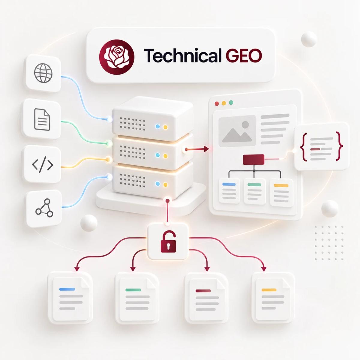 Server, Seitenstruktur, strukturierte Daten und freigegebene Dokumente für Technical GEO als 3D-Illustration.