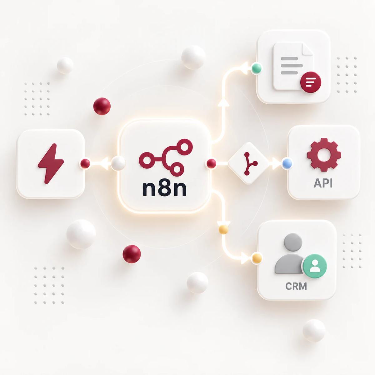 n8n-Workflow mit Trigger, Verzweigung und Verbindungen zu Dokumenten, API und CRM als 3D-Illustration.