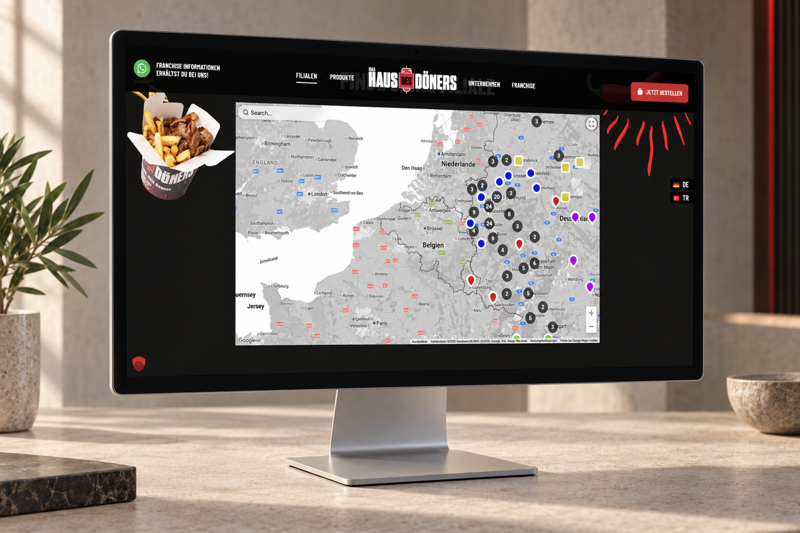 HAUS DES DÖNERS: Filialübersicht mit Karte auf einem Desktop-Monitor