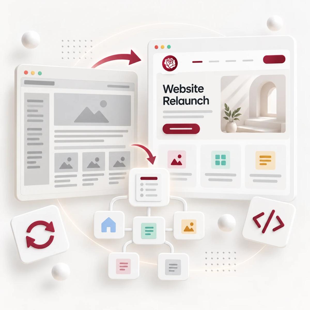 Alte und neue Website mit Übergangspfeilen und Zuordnung der Seitenstruktur beim Website Relaunch.