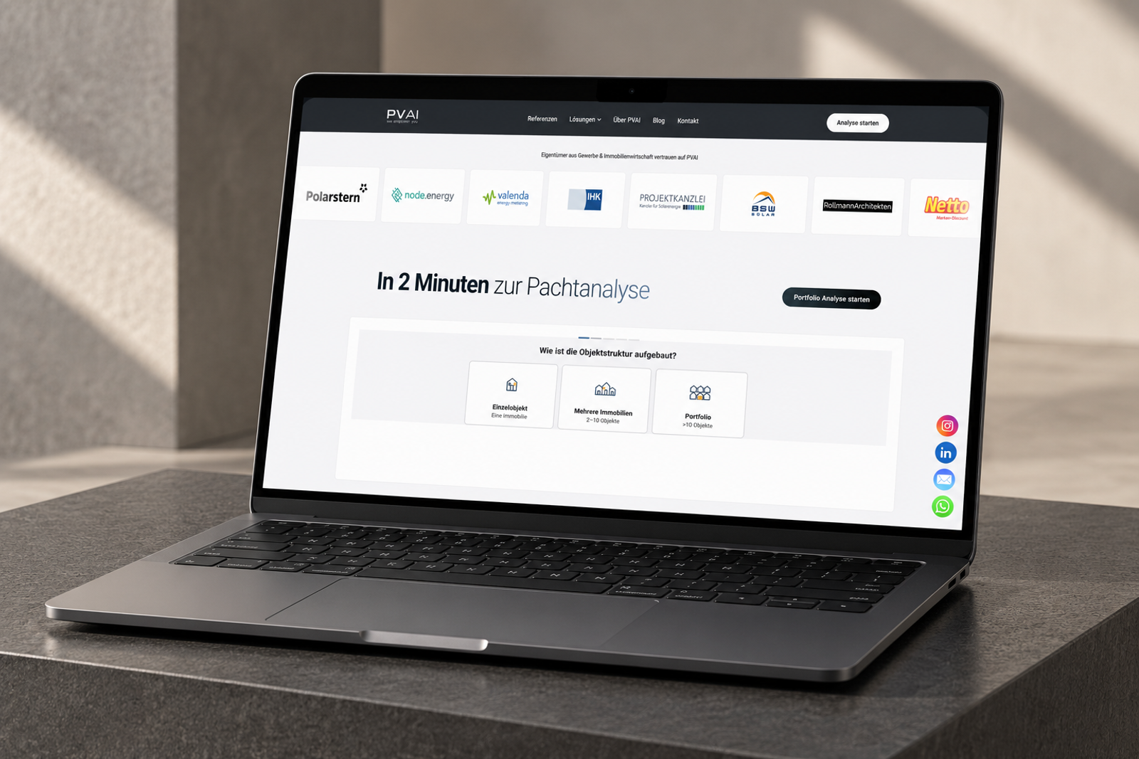 PVAI Pachtanalyse mit Objektauswahl auf einem Laptop