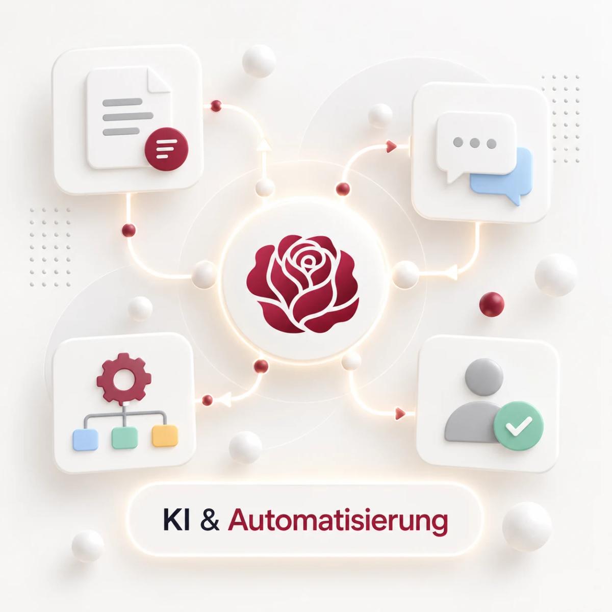 Vernetzte KI-Workflows mit Dokumenten, Nachrichten, Prozessschritten und menschlicher Freigabe als 3D-Illustration.