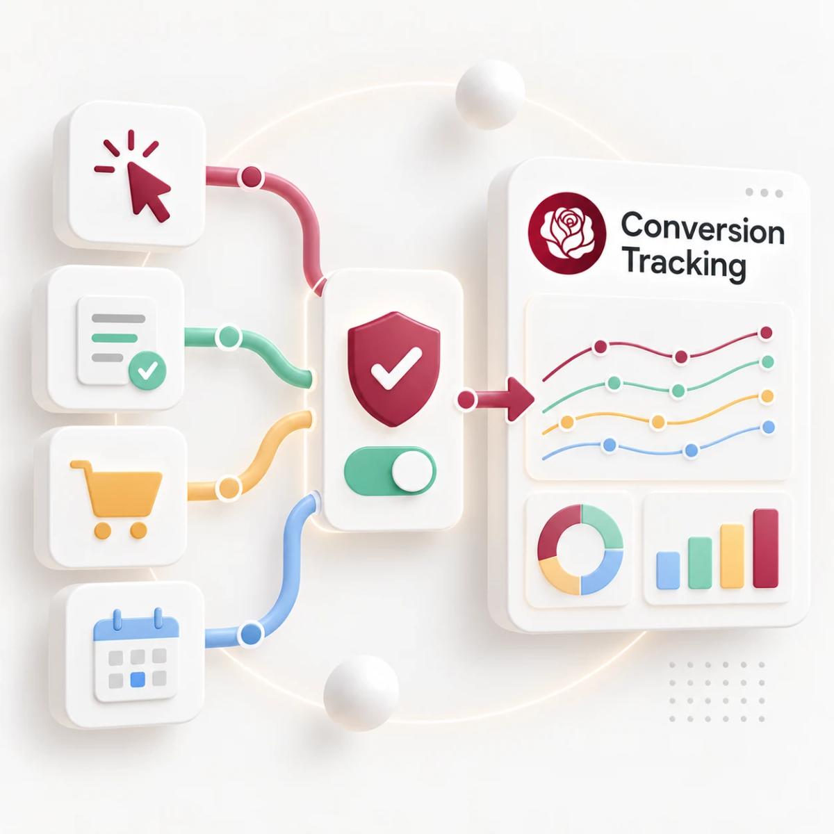 Klick-, Formular-, Kauf- und Terminereignisse fließen nach Einwilligungsprüfung in ein Tracking-Dashboard.