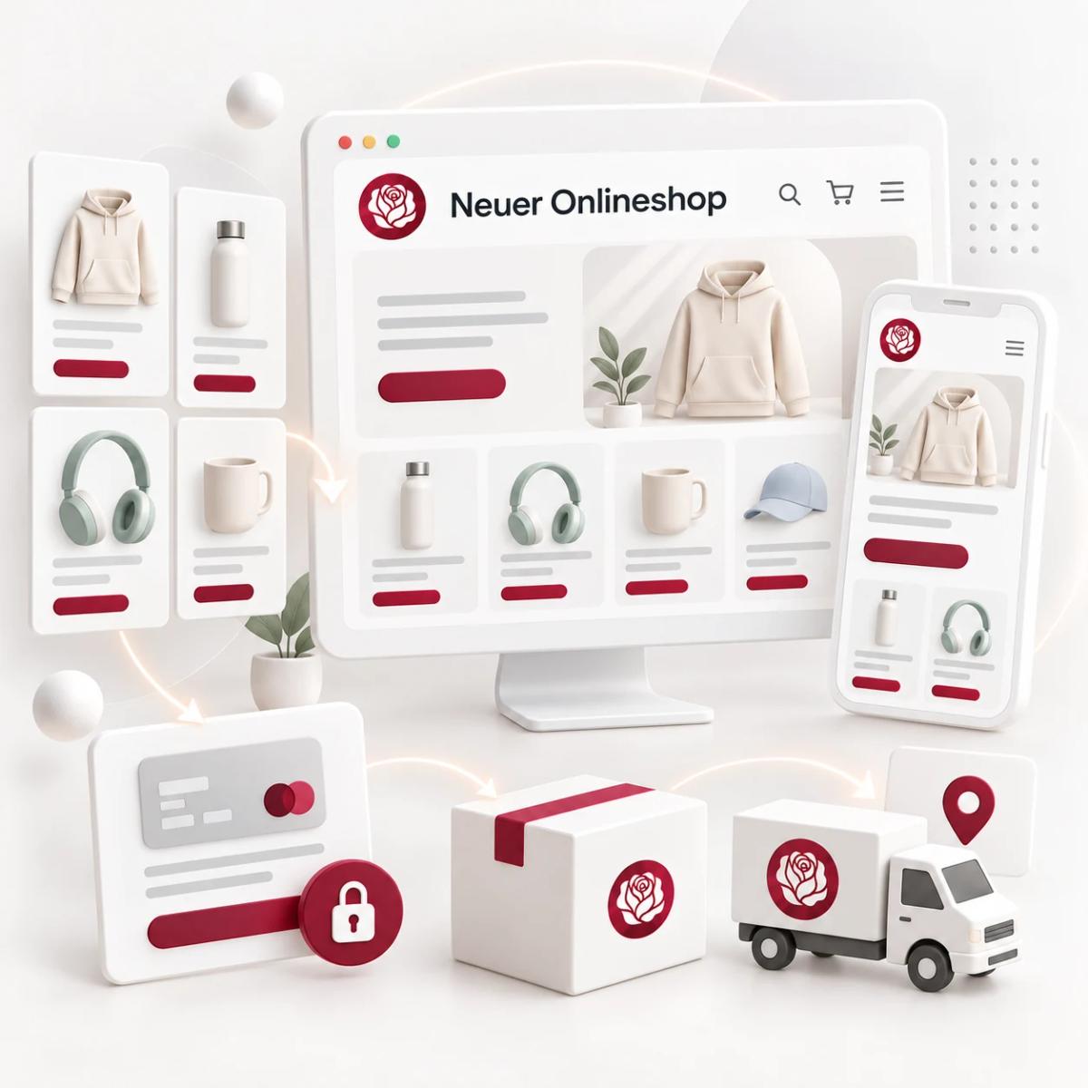 Neuer Onlineshop mit Produktkatalog, mobiler Ansicht, Bezahlung und Versand als 3D-Illustration.
