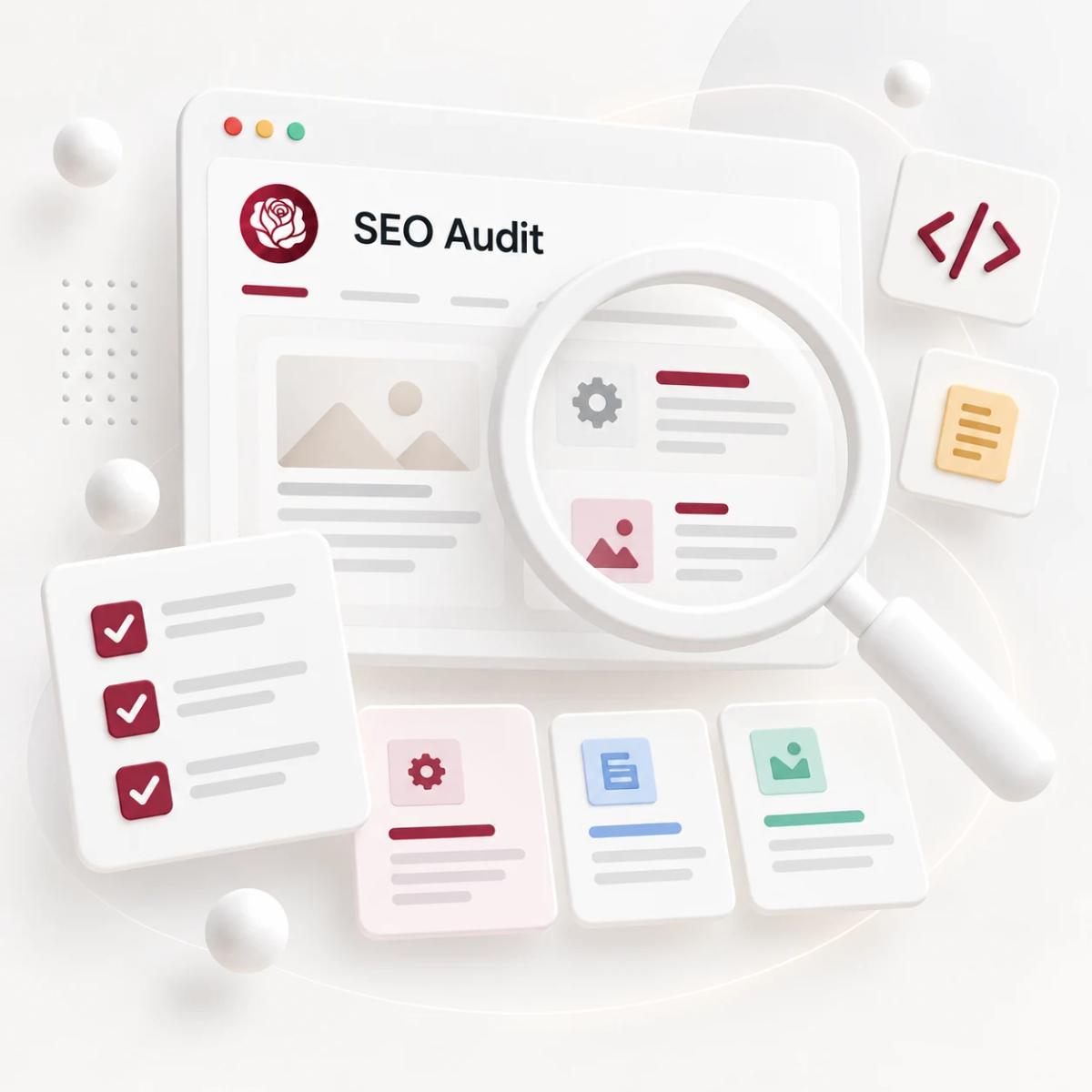 SEO Audit mit vergrößerter Website-Analyse, Prüfliste und priorisierten Technik- und Inhaltskarten.