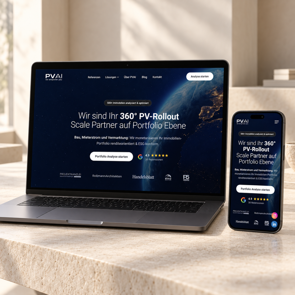 PVAI Website auf Laptop und Smartphone in einem hellen Studio-Mockup