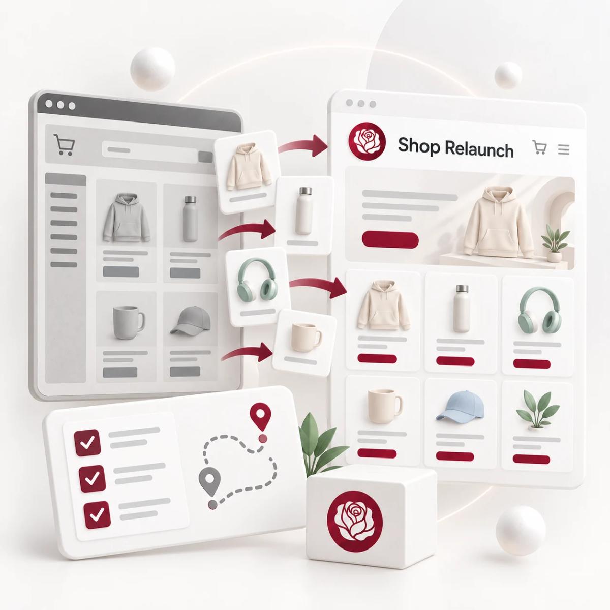Alter und neuer Onlineshop mit Produktübernahme und Prüfliste für den Relaunch als 3D-Illustration.