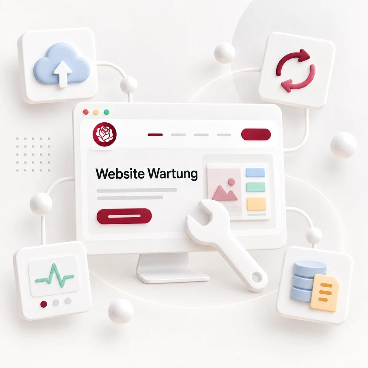 Website mit Wartungswerkzeug, Backup, Update- und Statussymbolen für laufende Betreuung als 3D-Illustration.
